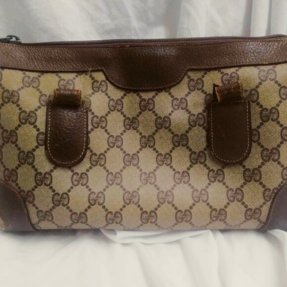 Gucci Vintage GG Logo Boston / Doctor Brown Tan Leather Handbag - FLAW - Picture 1 of 16